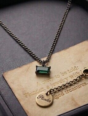 Plunder Antique Brass Necklace with Olive Green Bar Pendant